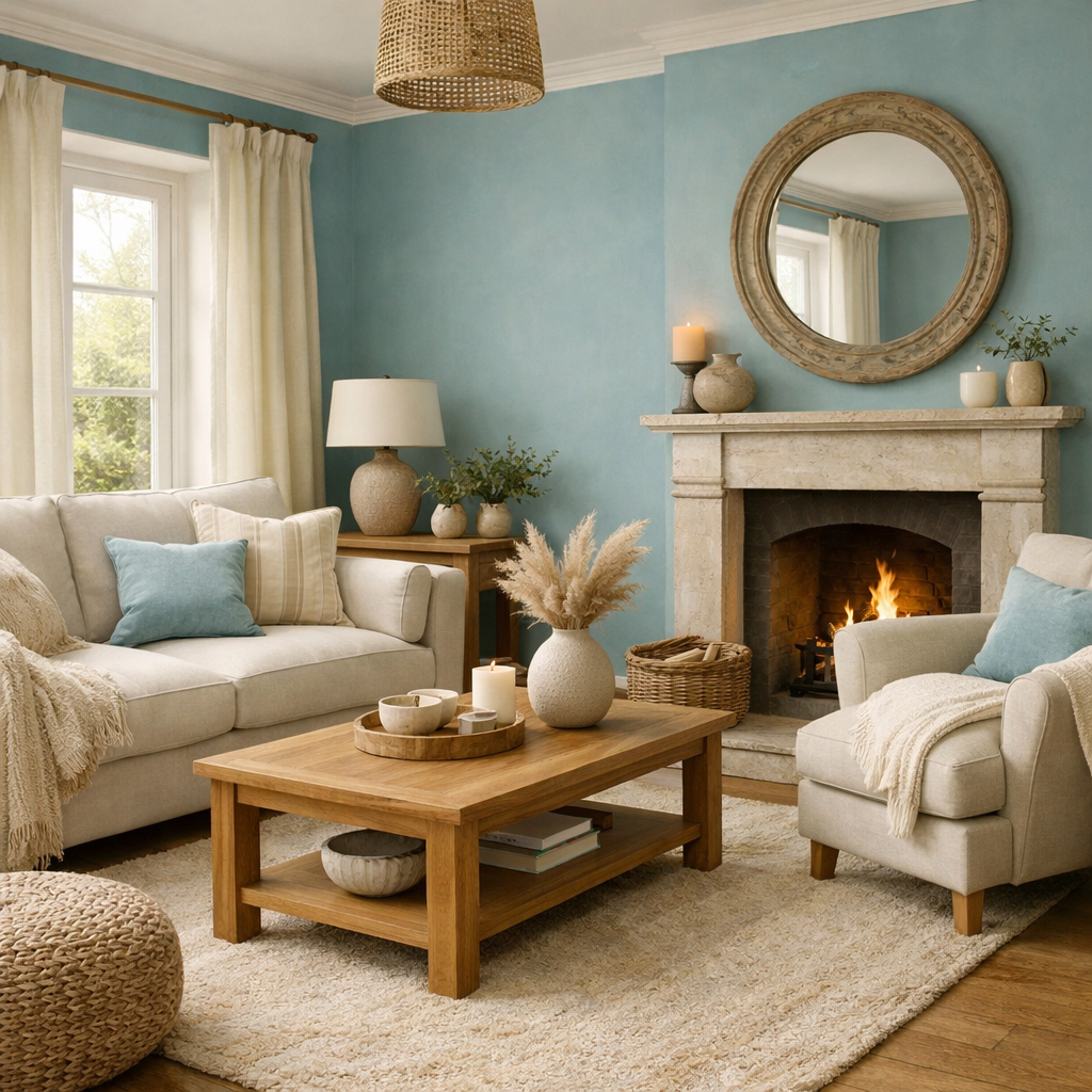 A cozy living room with duck egg blue walls and warm neutral furniture.