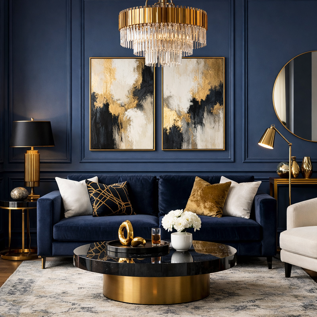 A stylish living room featuring blue and gold decor elements.