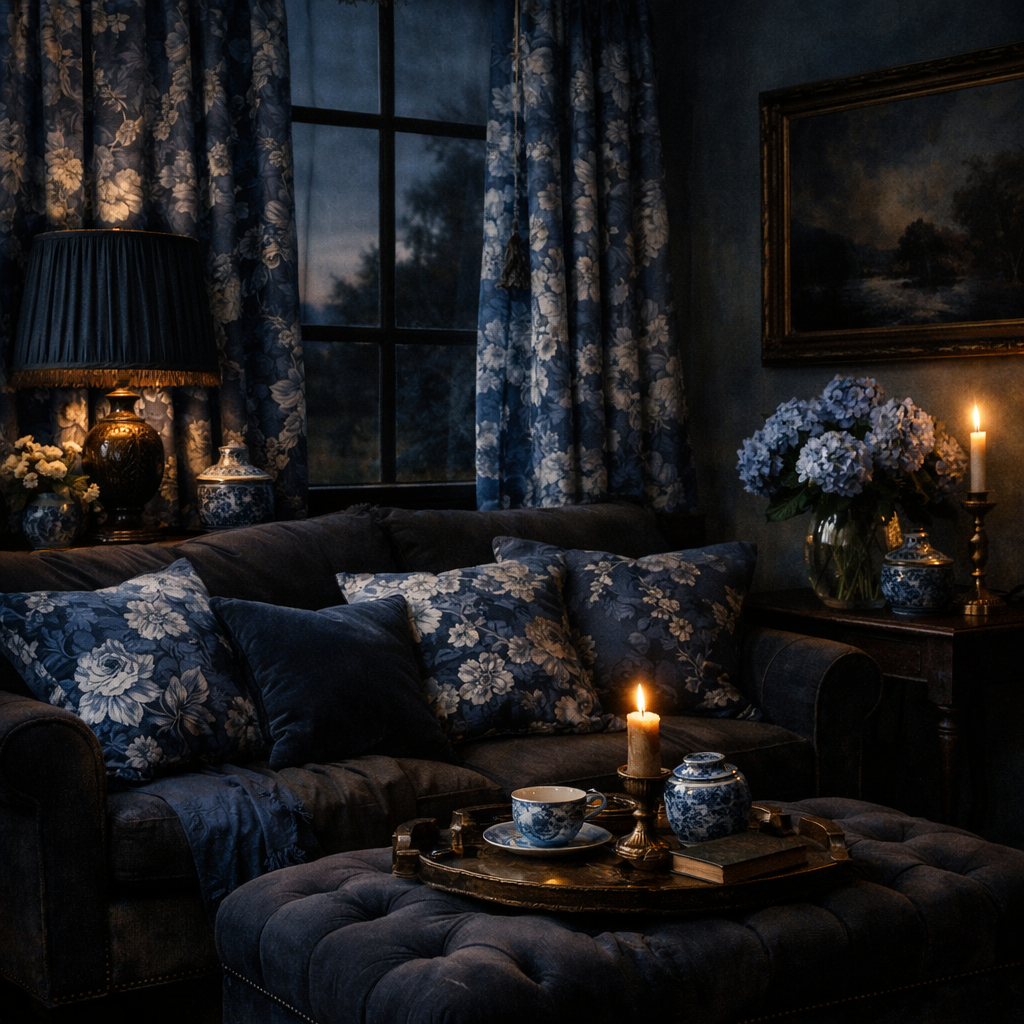 A moody blue living room featuring floral patterns in fabrics on curtains and cushions.