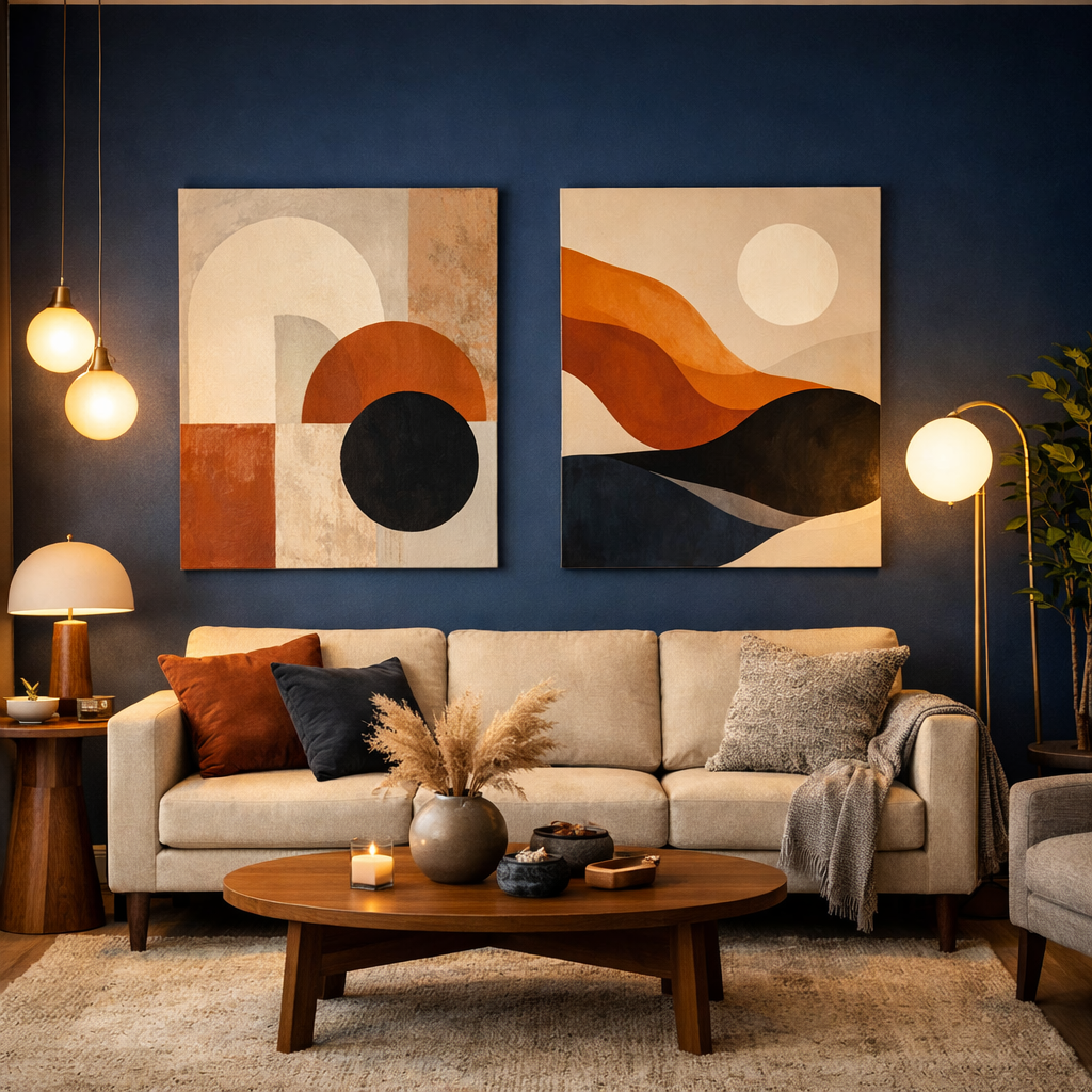 A cozy living room with deep blue accent walls, modern art, and warm lighting.