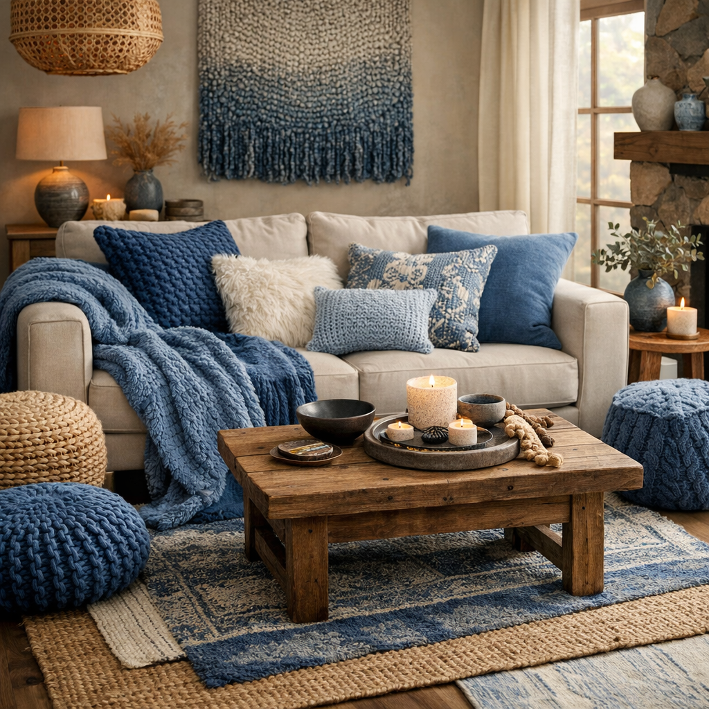 Cozy living room filled with layered blue textures, a wooden coffee table, candles, and plush pillows.