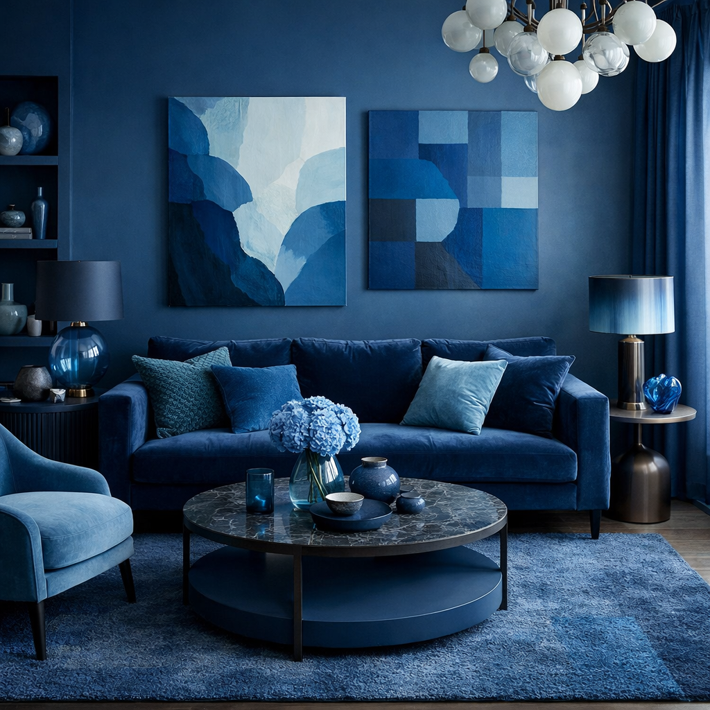 A stylish living room showcasing various shades of blue in furniture and decor.