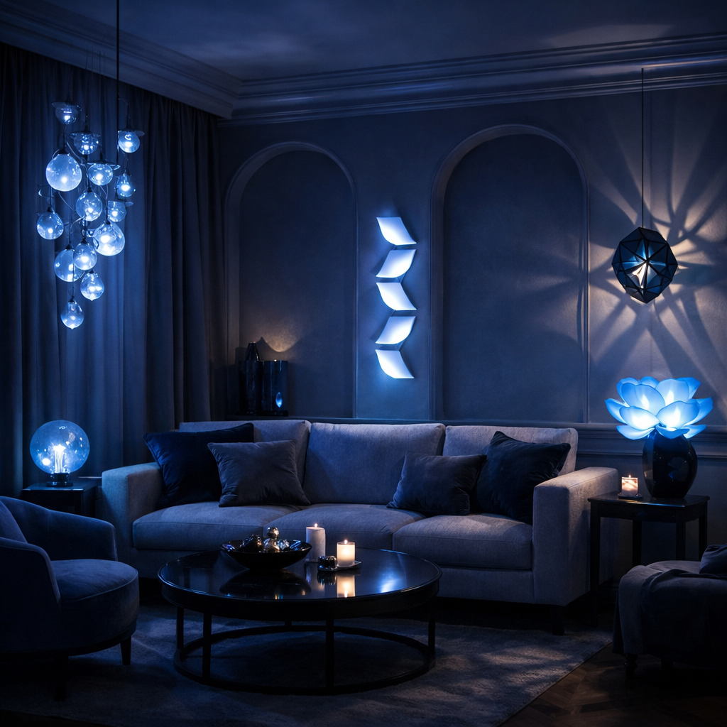 A stylish living room with blue lighting fixtures, featuring a chandelier, wall lights, and a floral lamp.