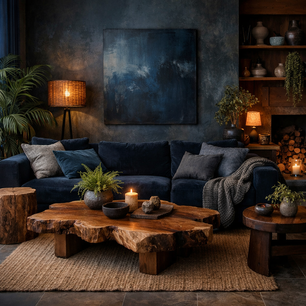 A cozy room featuring navy blue couch, rustic wooden table, and decorative plants.