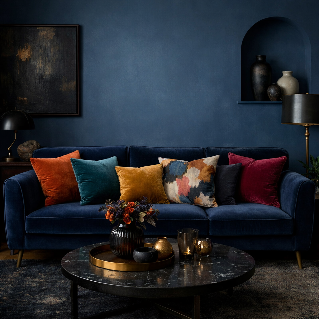 Stylish living room featuring a navy velvet sofa with colorful pillows and a chic coffee table.