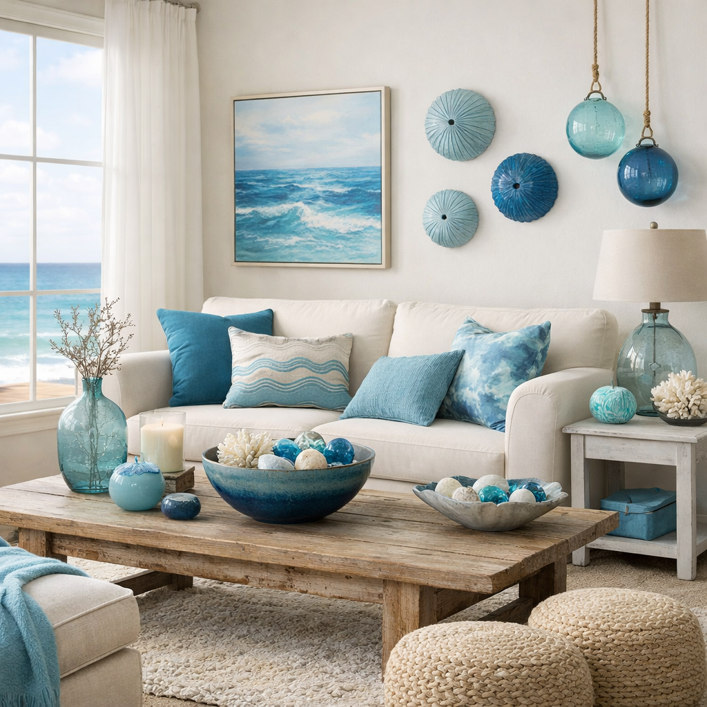 A moody blue living room with ocean-inspired accessories, featuring soft blue pillows, natural decor, and wooden elements.
