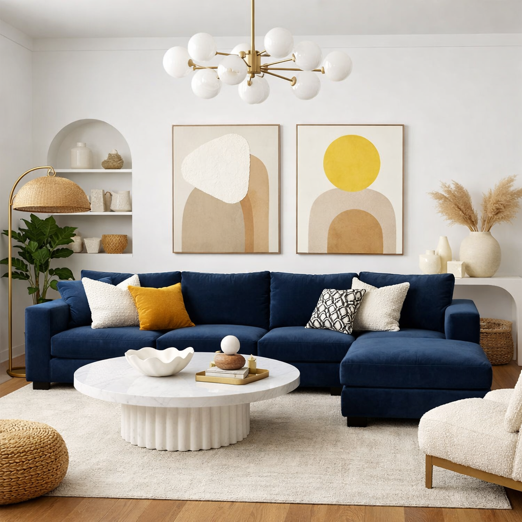 A stylish living room featuring a dark blue sectional sofa, modern decor, and bold artwork.