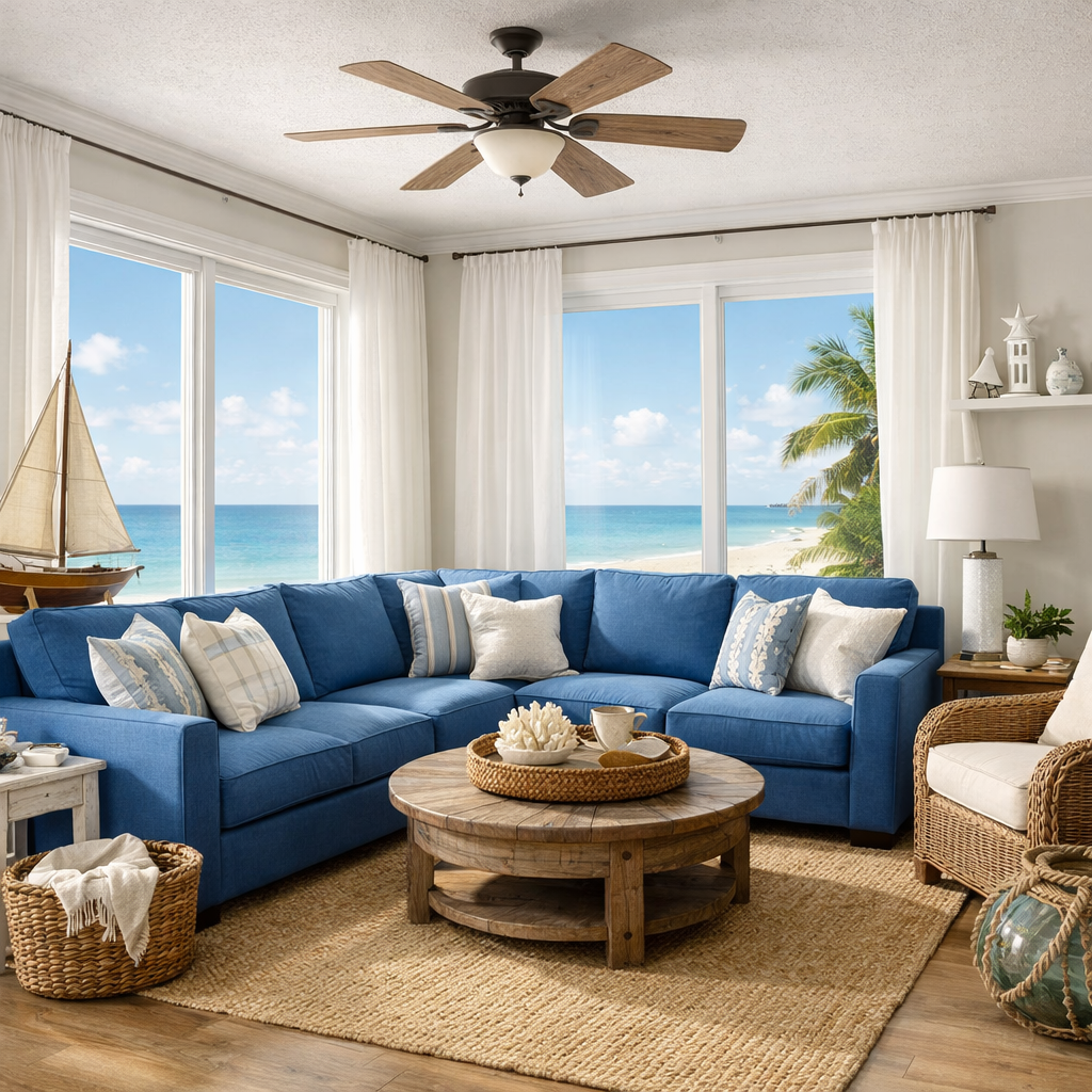 A coastal-inspired living room featuring a blue sectional sofa, large windows with ocean views, and a wooden coffee table with decorative items.
