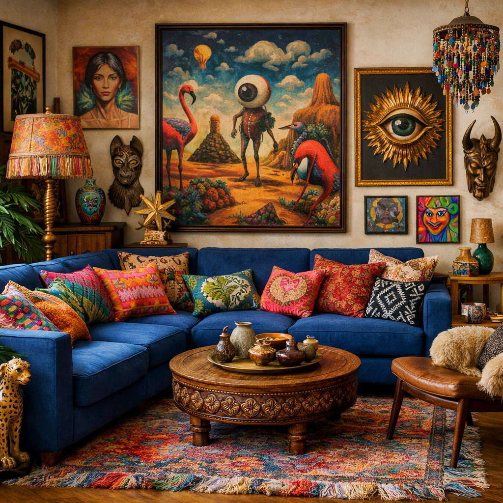 A vibrant blue sectional couch adorned with patterned pillows, surrounded by eclectic artwork and unique decor in a cozy living room.