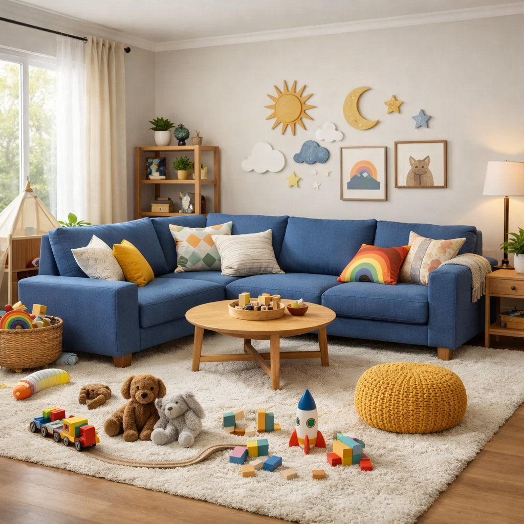 Family-friendly living room with a blue sectional, plush toys, and colorful decor.
