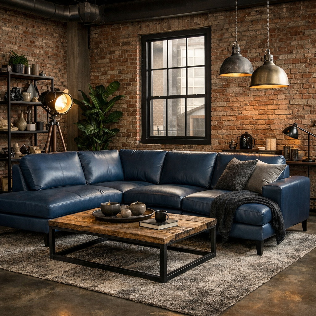 Industrial chic living room featuring a blue leather sectional, wooden coffee table, and exposed brick walls.