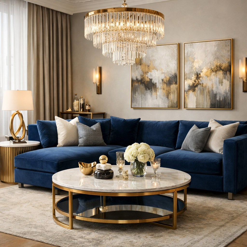 Luxurious living room featuring a blue velvet sectional, decorative pillows, elegant chandelier, and stylish coffee table.