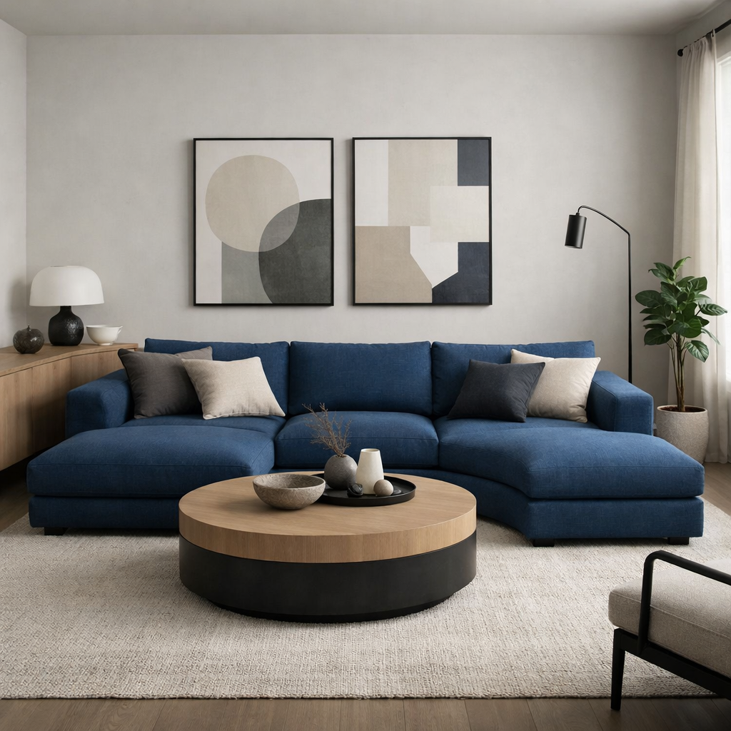 Modern living room featuring a blue sectional, round wooden coffee table, and contemporary art on the walls.