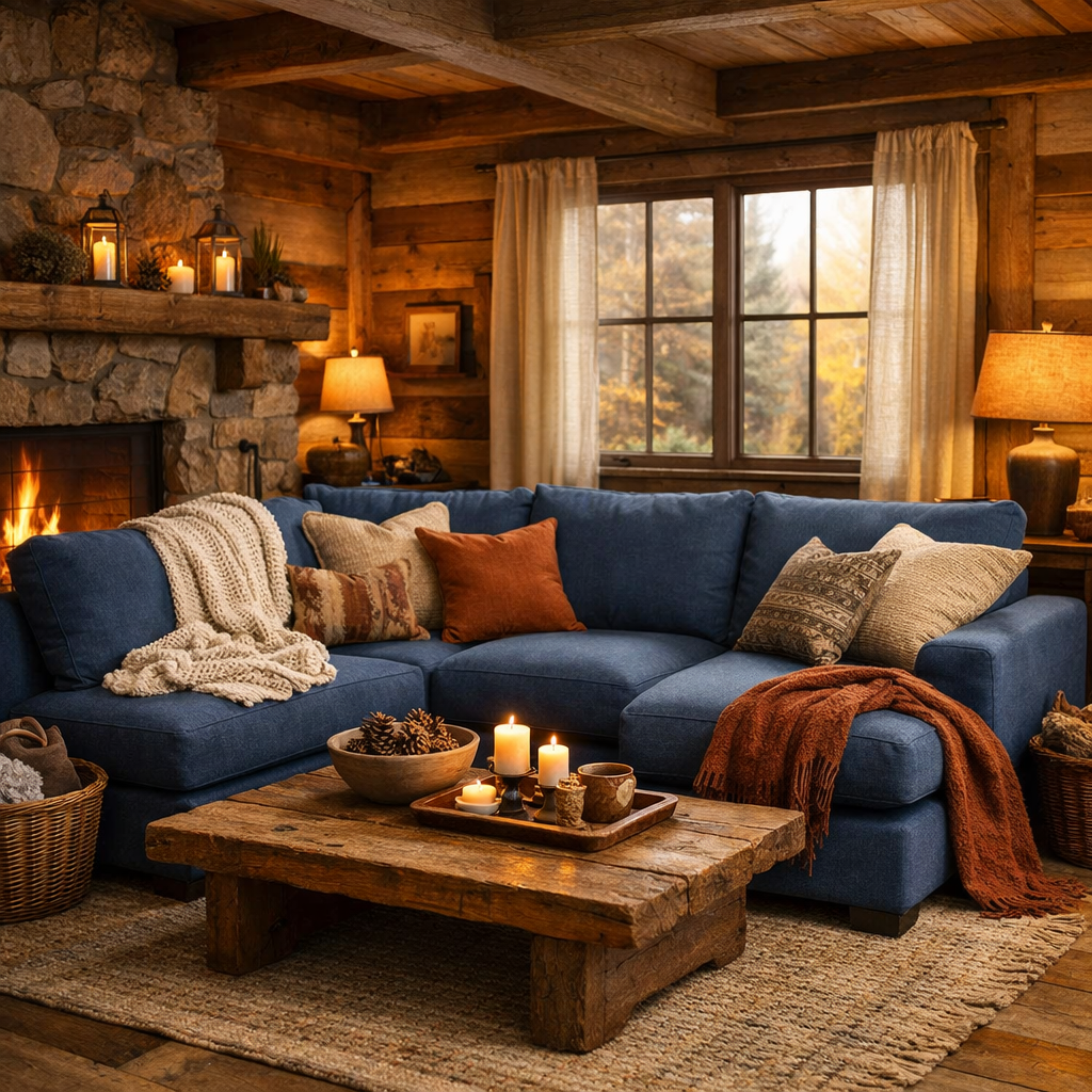 A cozy blue sectional sofa in a rustic living room with wooden walls and stone fireplace.