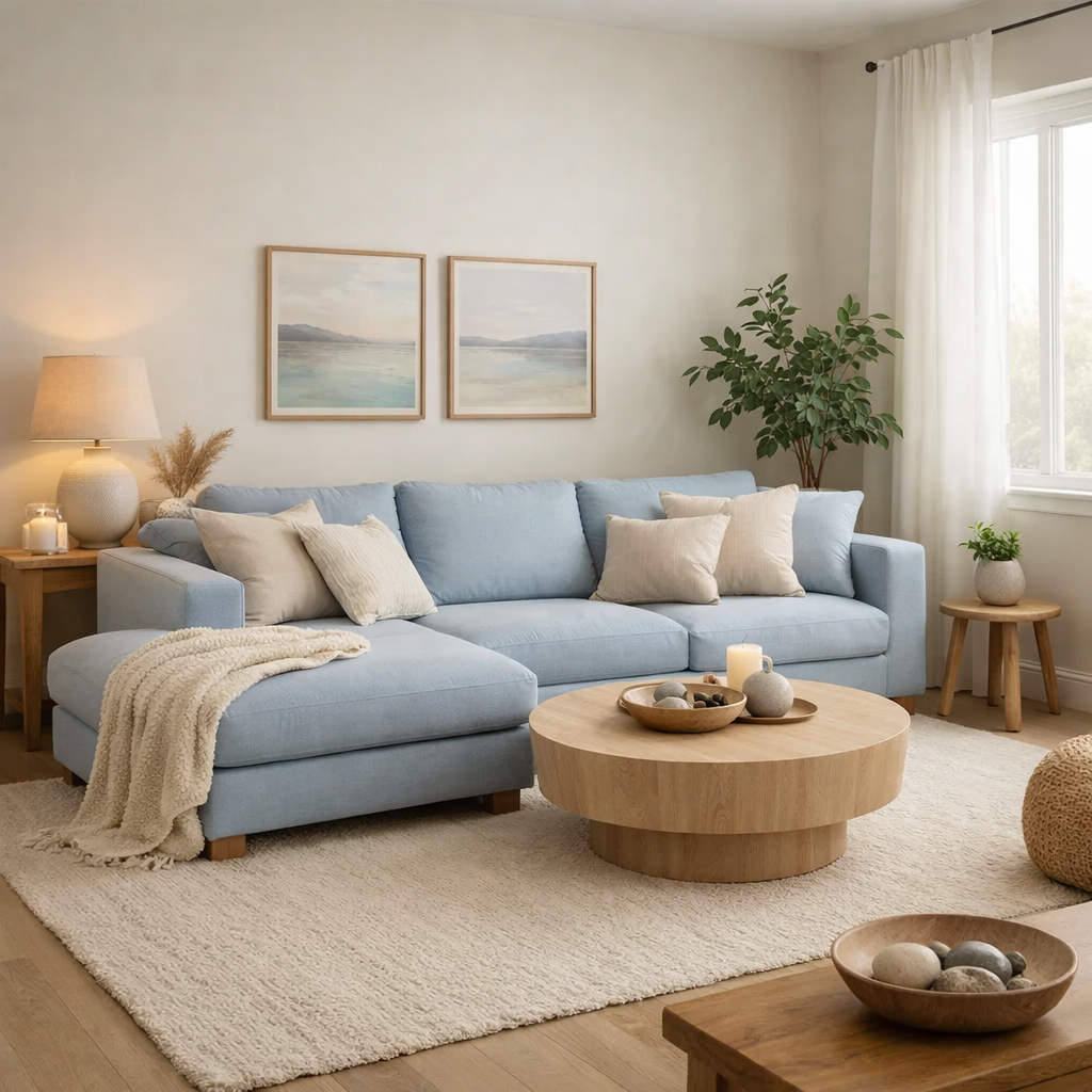 A serene light blue sectional sofa in a living room, decorated with soft pillows, a wooden coffee table, and greenery.
