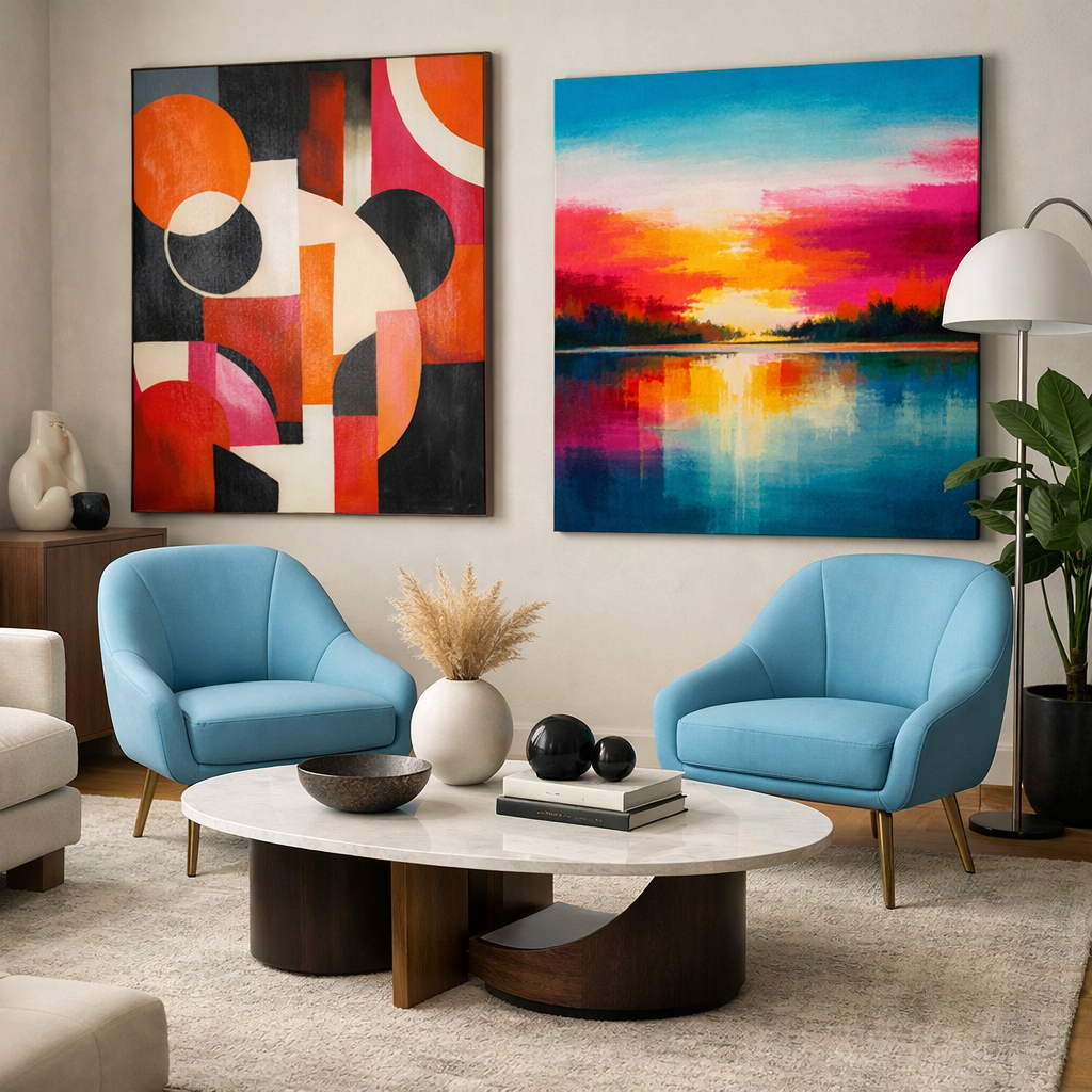 Living room with sky blue accent chairs and colorful artwork on the walls.
