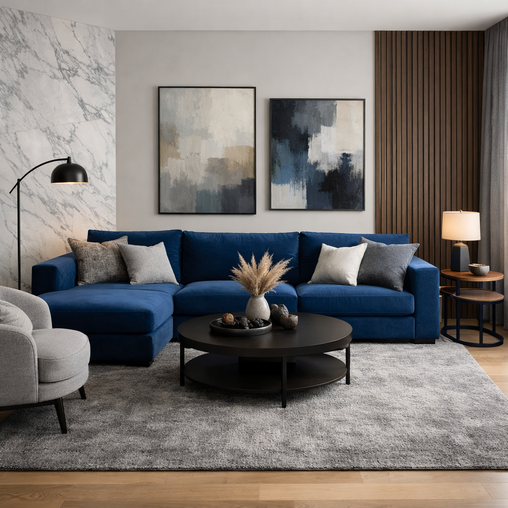 Cozy living room featuring a blue sofa, gray armchair, and stylish decor.