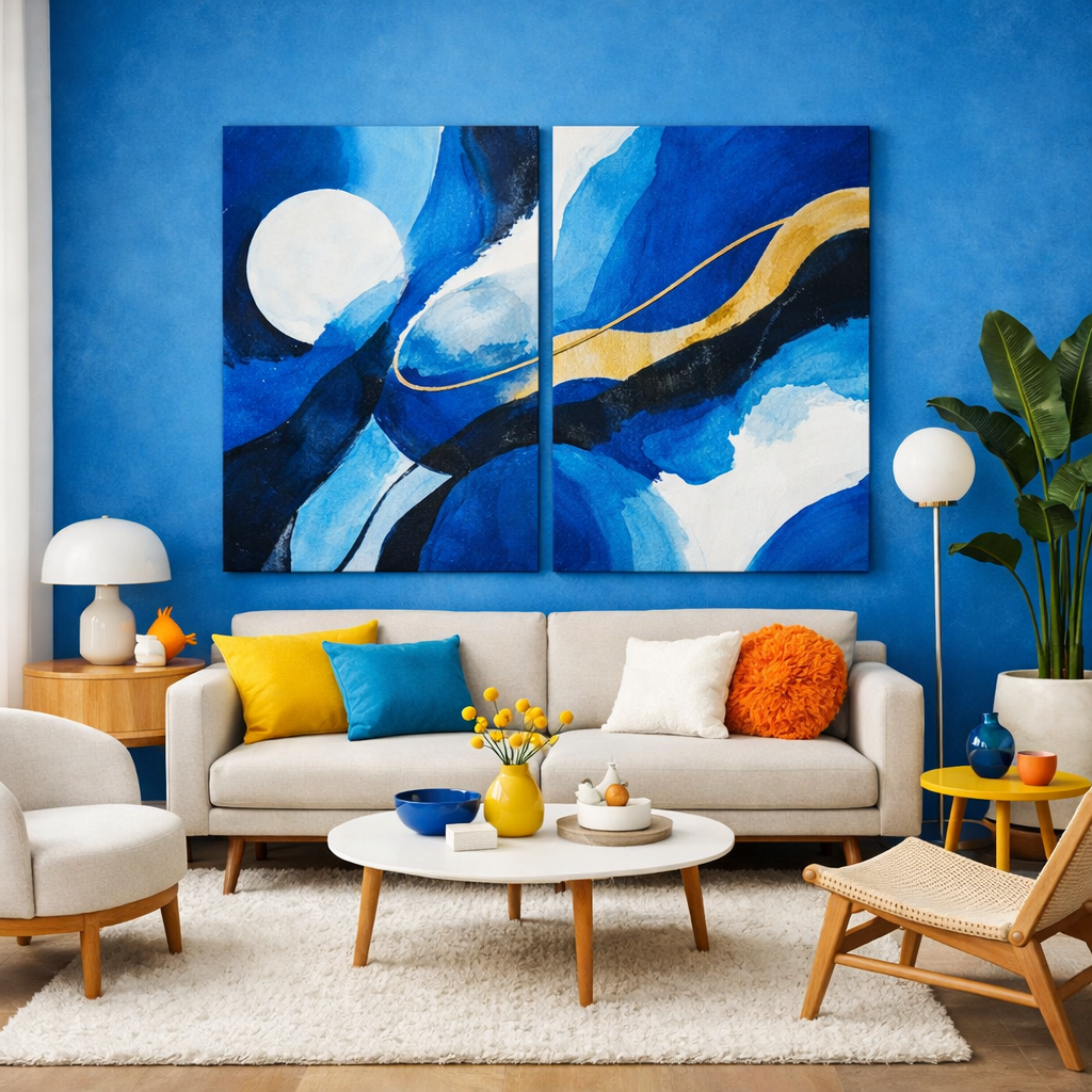 A living room featuring bold blue wall art with abstract designs, light-colored furniture, and vibrant decorative accents.