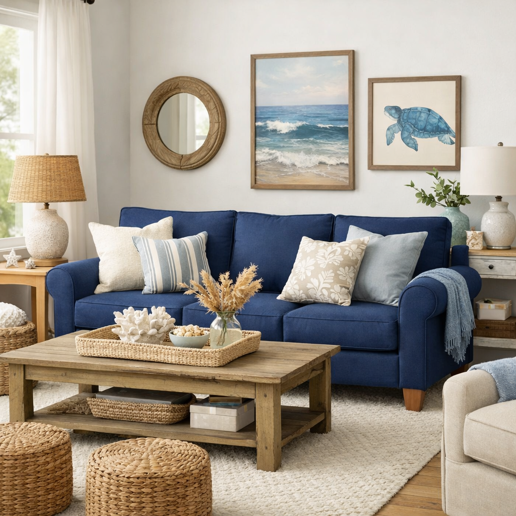 A cozy living room featuring a navy blue sofa surrounded by coastal decor elements.