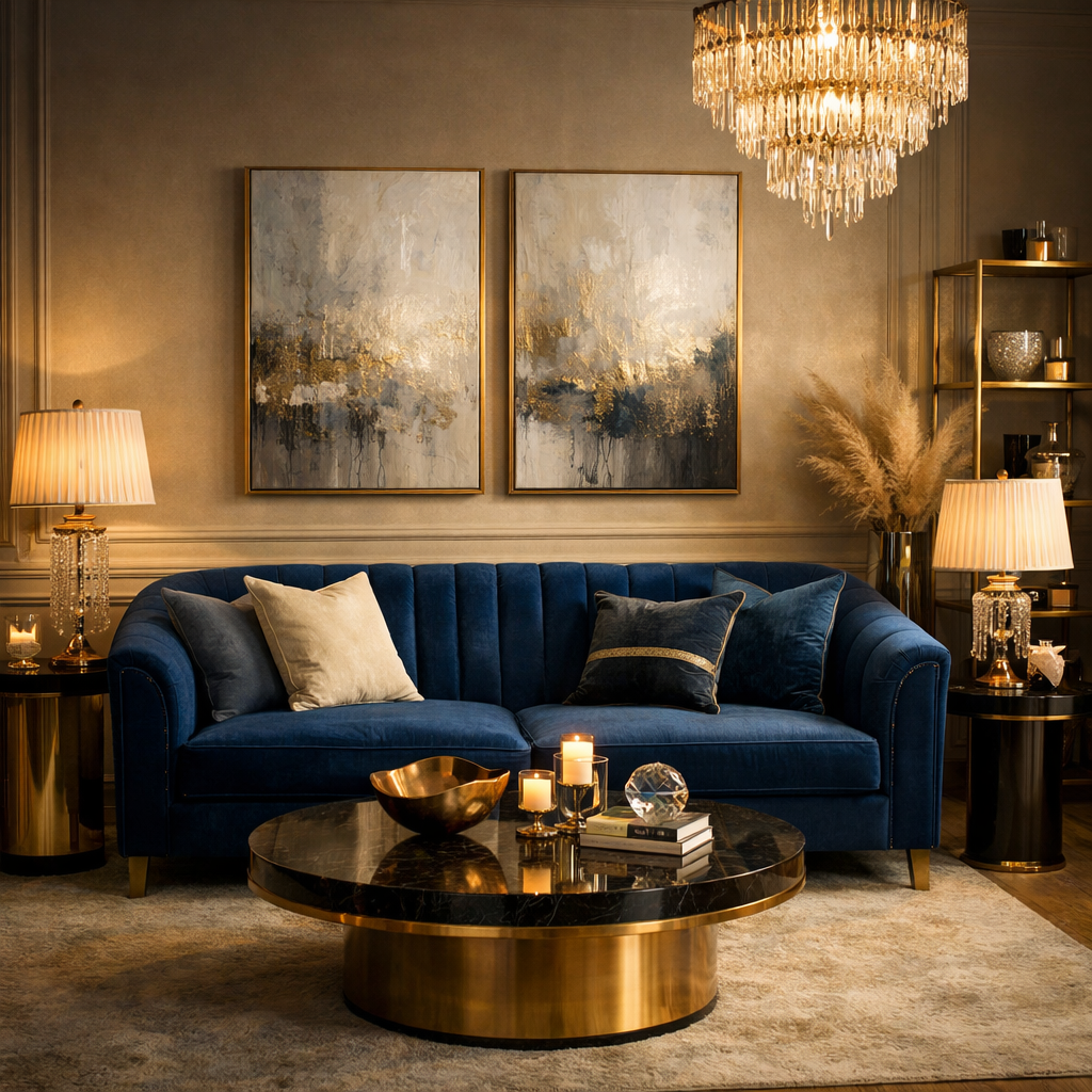 Elegant blue velvet sofa in a stylish living room setting