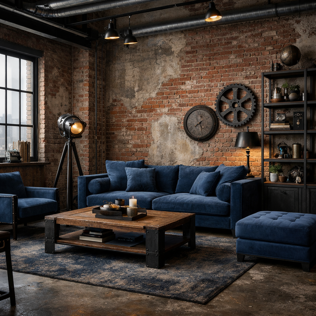 Industrial style living room with blue furniture accents