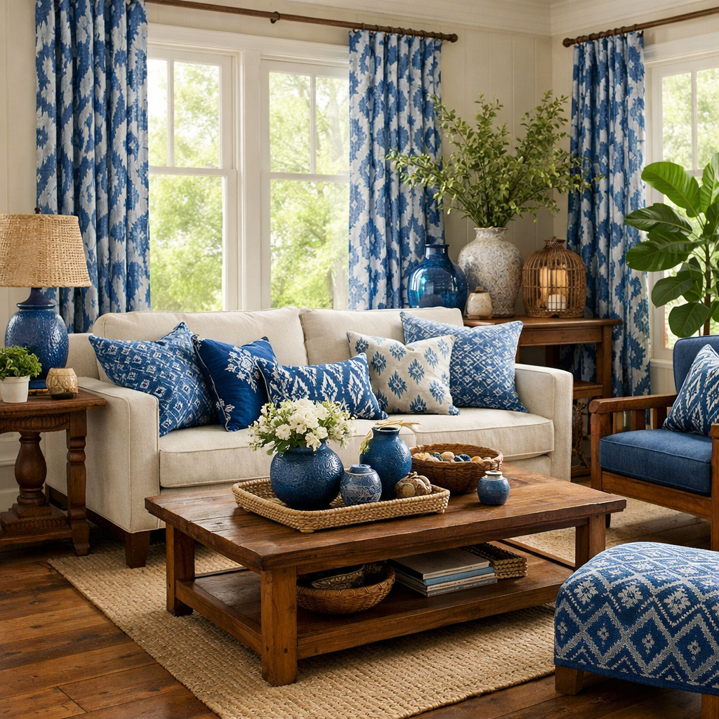A living room featuring blue patterned textiles with a beige sofa, colorful pillows, and decorative elements.