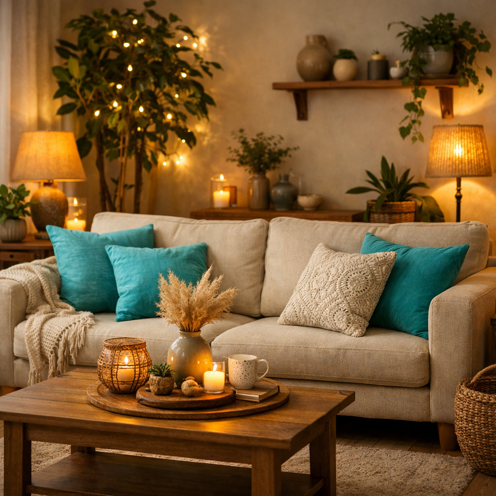 Cozy living room with beige sofa and turquoise pillows, featuring warm lighting and natural decor.