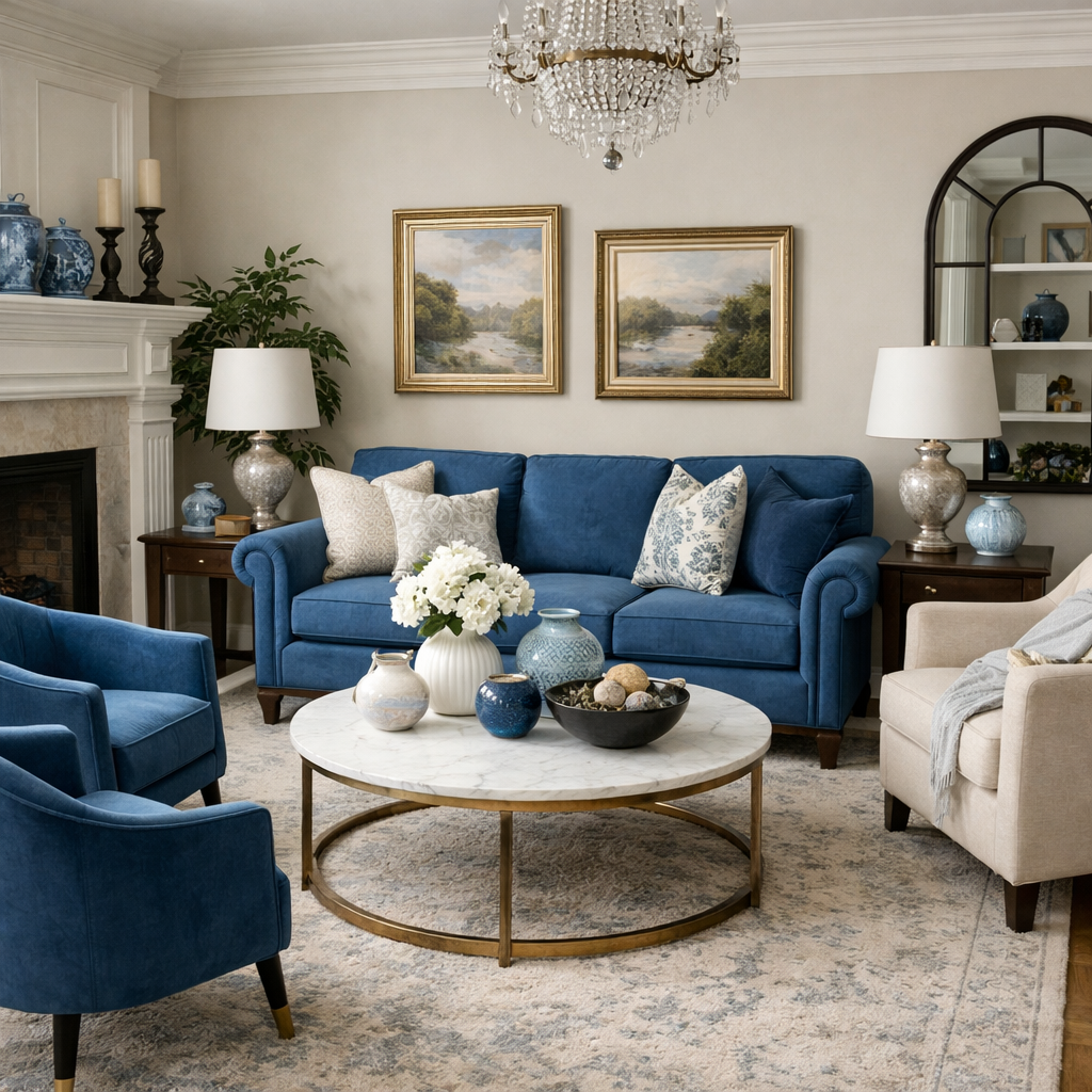 Stylish living room featuring blue furniture, a round coffee table, and elegant decor.