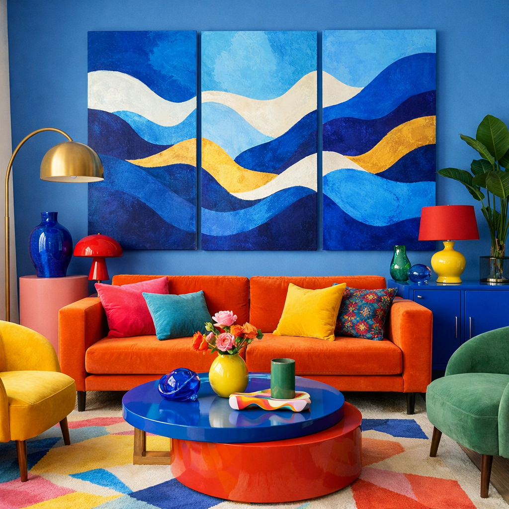 A colorful living room featuring French blue wall art with an ocean wave design.
