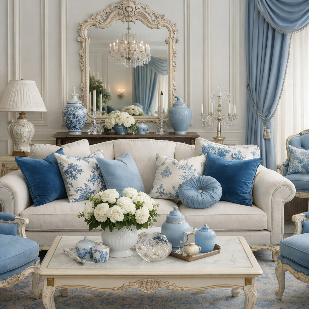 A luxurious living room with a French blue and white color scheme, featuring a cream-colored sofa with blue pillows, decorative vases, and a chandelier.