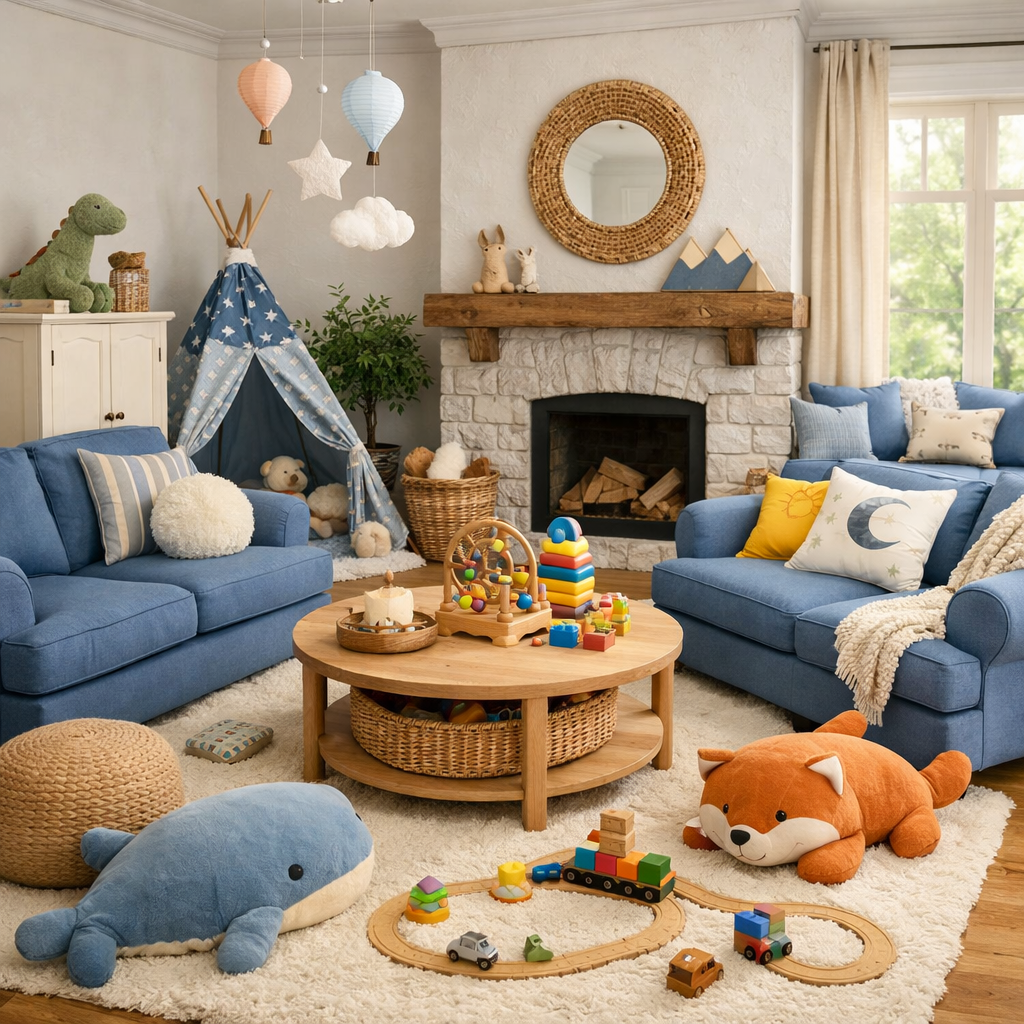Family-Friendly French Blue Living Room with playful decor and cozy seating