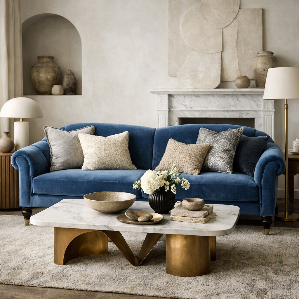 A stylish living room featuring a French blue velvet sofa, decorative pillows, and a marble coffee table.