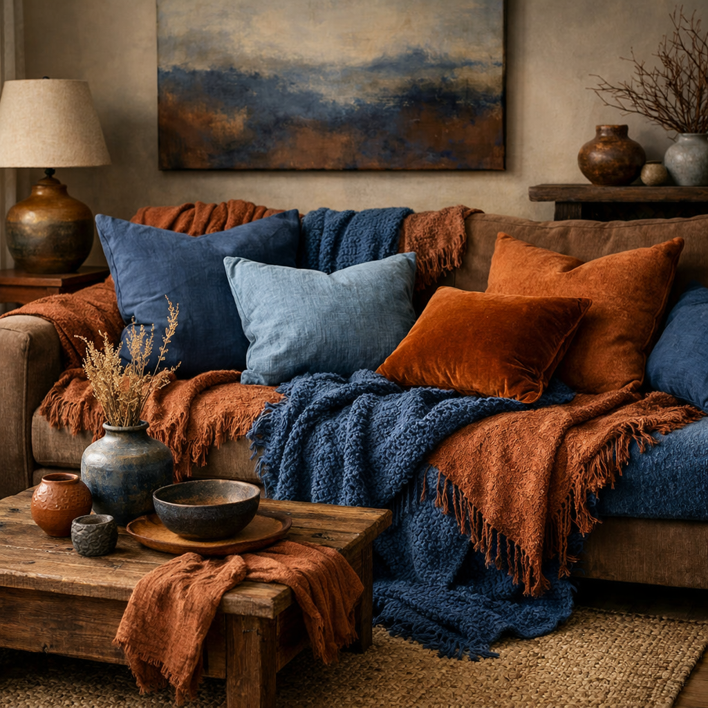 A cozy living room with blue and rust colored layered fabrics on a sofa, featuring various pillows and throws, along with rustic decor.