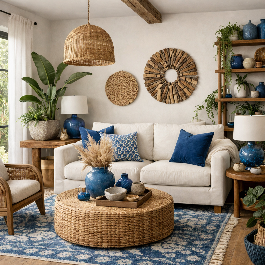 A stylish living room featuring blue and rust decor, natural materials, and various textures.