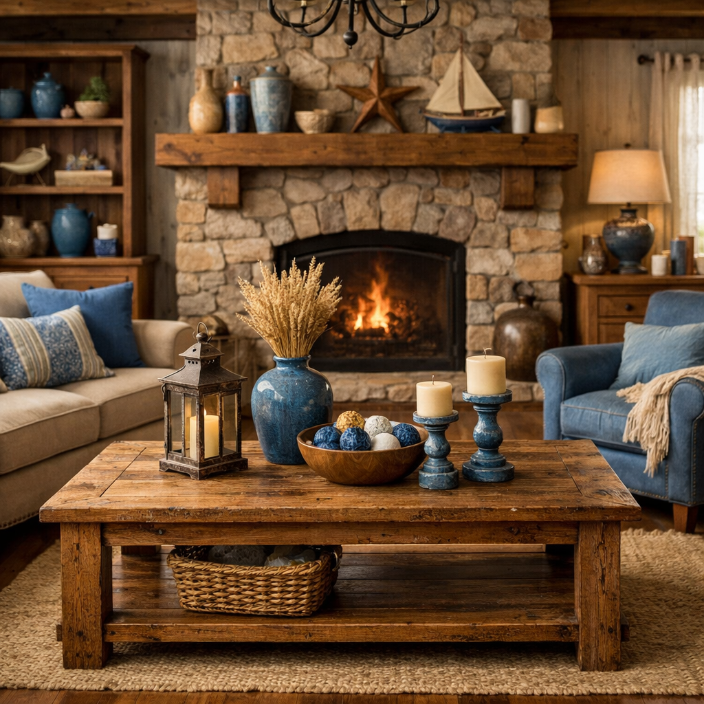 A cozy living room with a stone fireplace, rustic furniture, and blue decorative accents.