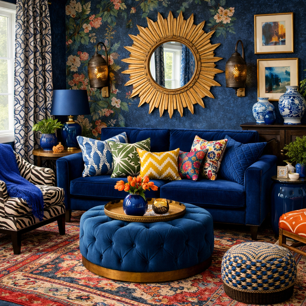 A beautifully decorated living room with midnight blue tones featuring patterned pillows, a zebra chair, and vibrant decor elements.