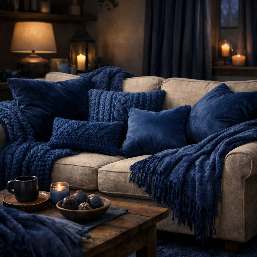 Cozy living room with midnight blue fabrics and textures on a beige sofa.
