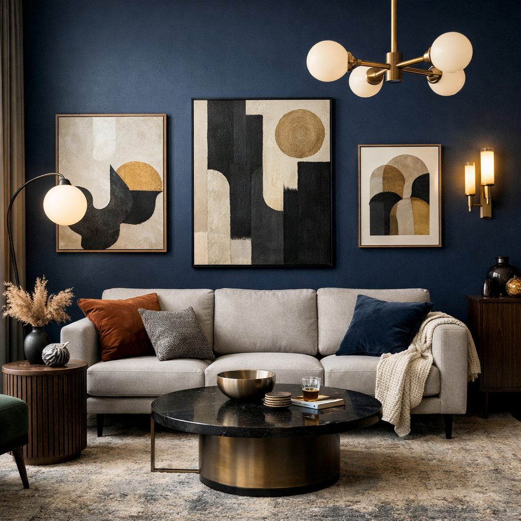Elegant living room with midnight blue accent wall, grey couch, and modern artwork.