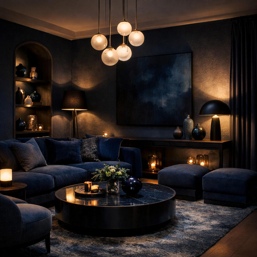 A stylish midnight blue living room with layered lighting, featuring modern pendant lights, table lamps, and candles, creating a warm and inviting atmosphere.