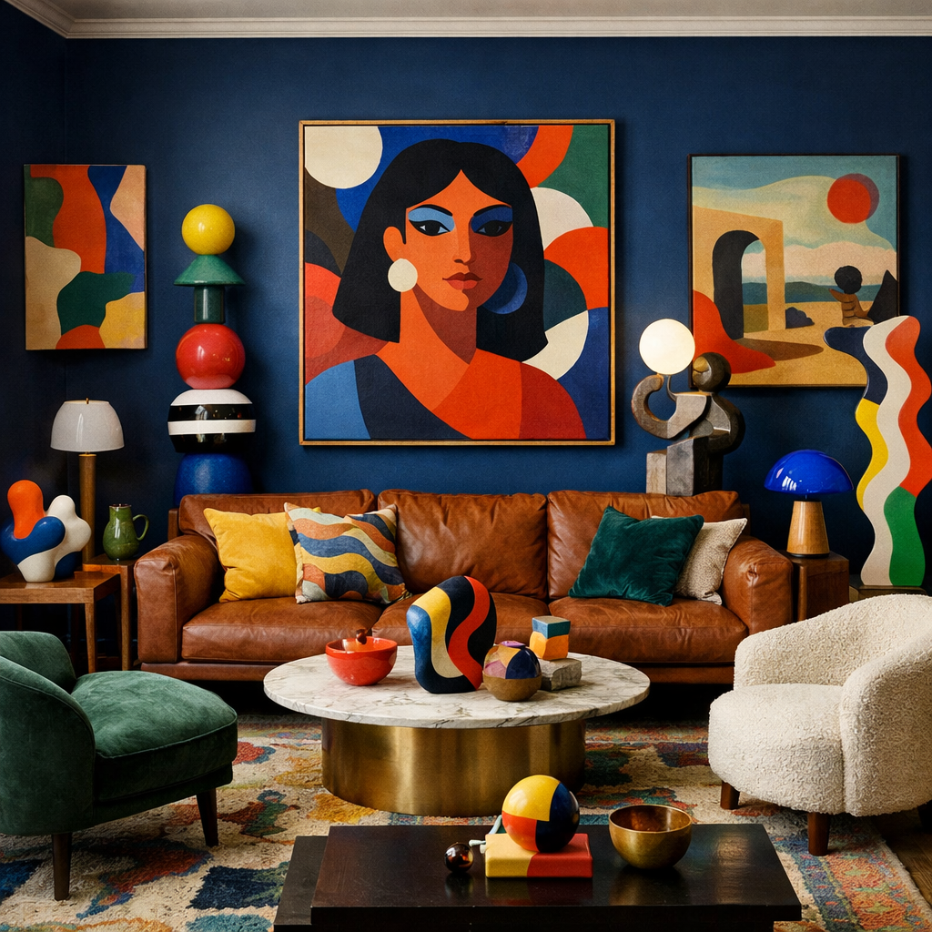A vibrant living room with midnight blue walls, featuring colorful artwork, a leather sofa, and playful decorative items.