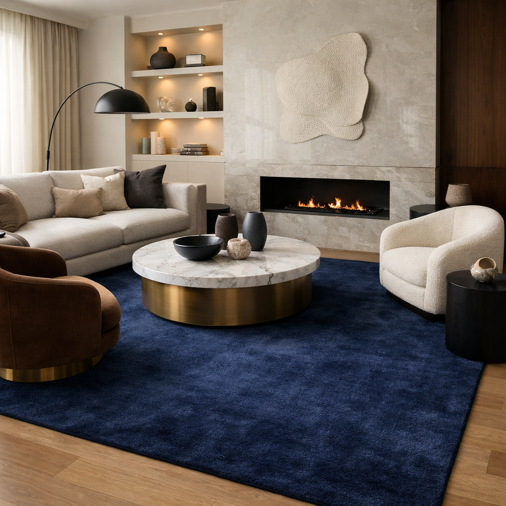 Stylish living room featuring a midnight blue rug, cozy furniture, and modern decor elements.