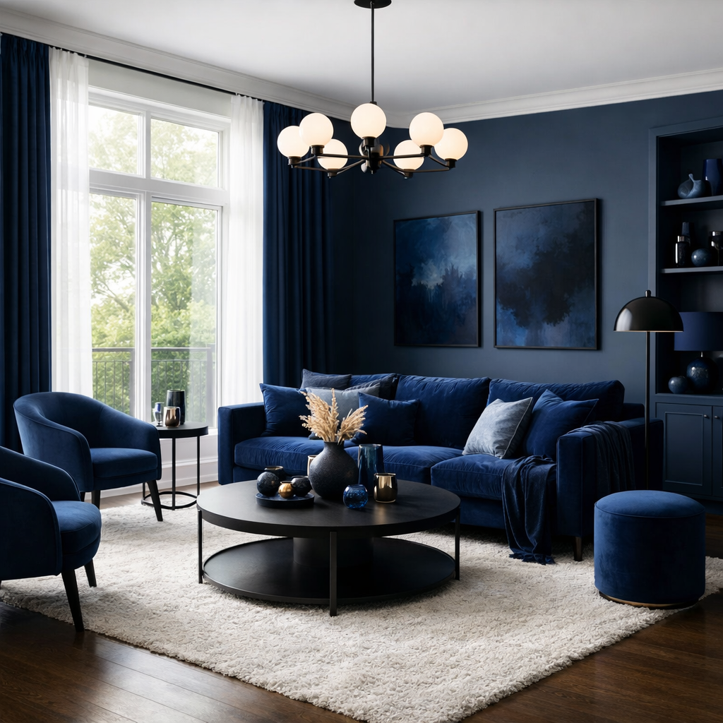 A stylish living room decorated in midnight blue with ample natural light, featuring plush blue sofas, elegant armchairs, and large windows.