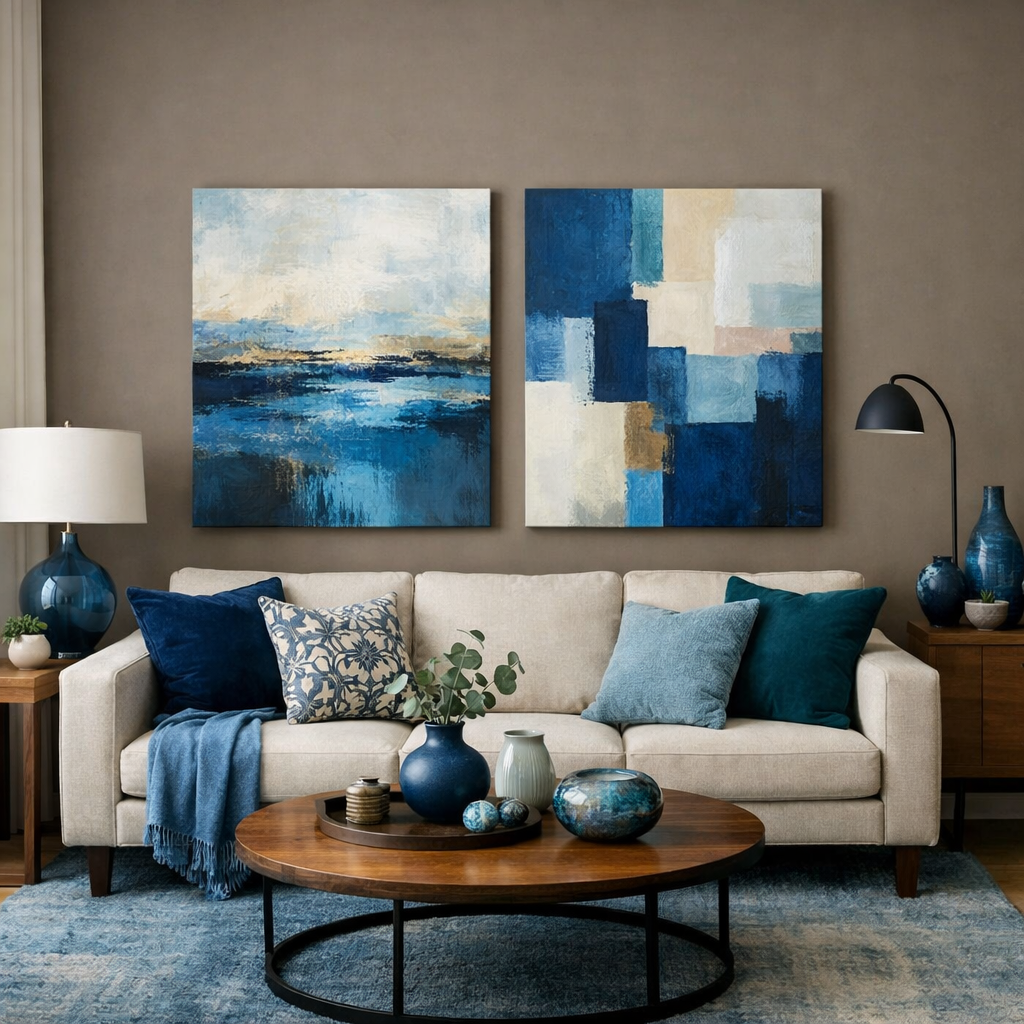 A living room with taupe walls and blue accent decor, featuring large modern paintings, a beige sofa, and a wooden coffee table.