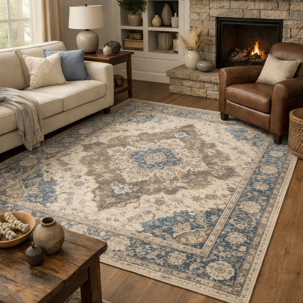 A cozy living room featuring a taupe and blue area rug, comfortable seating, and a warm fireplace.