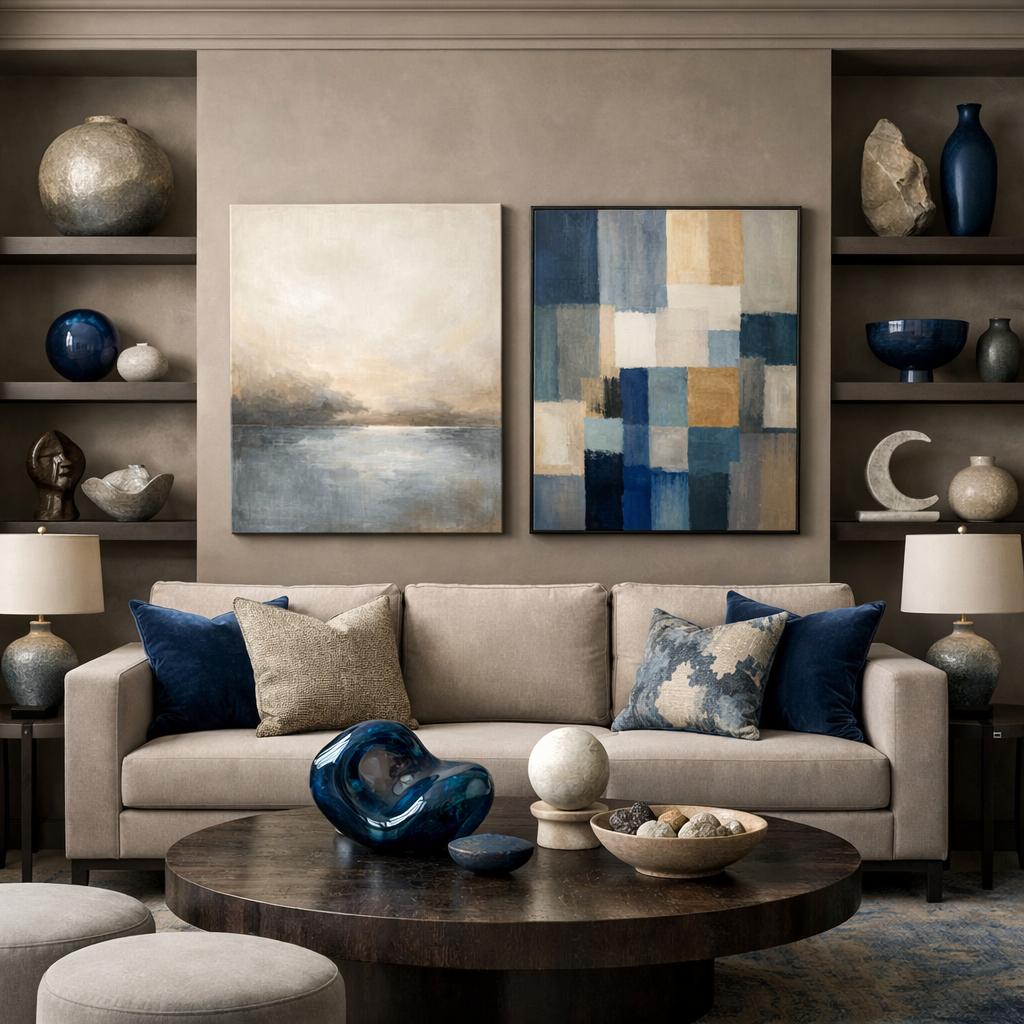 A taupe and blue living room with a taupe sofa, artistic paintings, and decorative items on shelves.