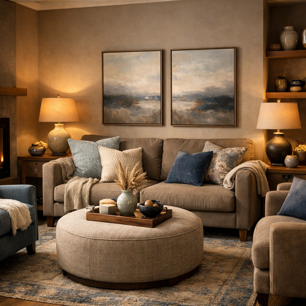 Cozy living room with taupe and blue color palette, featuring soft textures and natural elements.