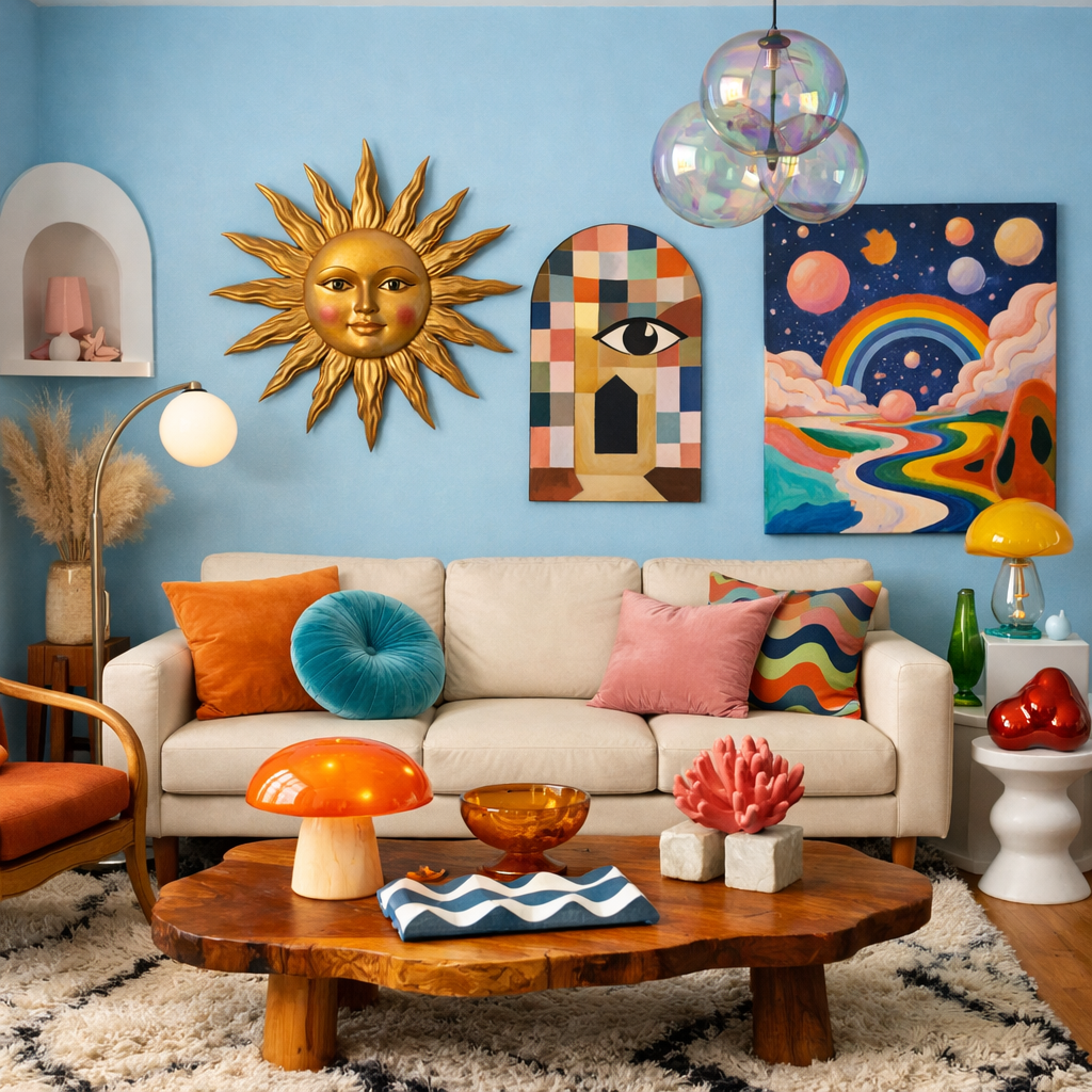A stylish living room featuring baby blue walls with vibrant art displays, a cozy beige sofa, and colorful decor accents.
