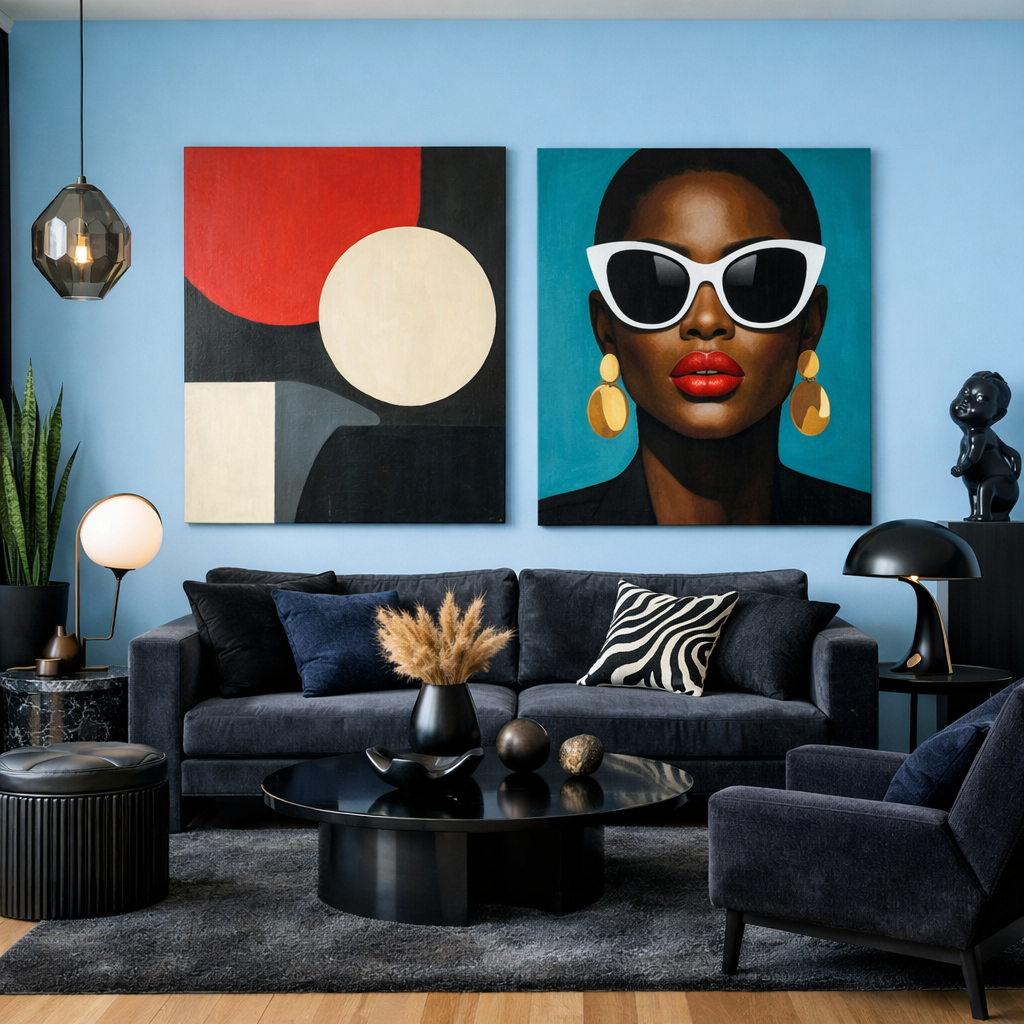 A stylish living room featuring baby blue walls and dark accent furniture, decorated with vibrant art pieces.