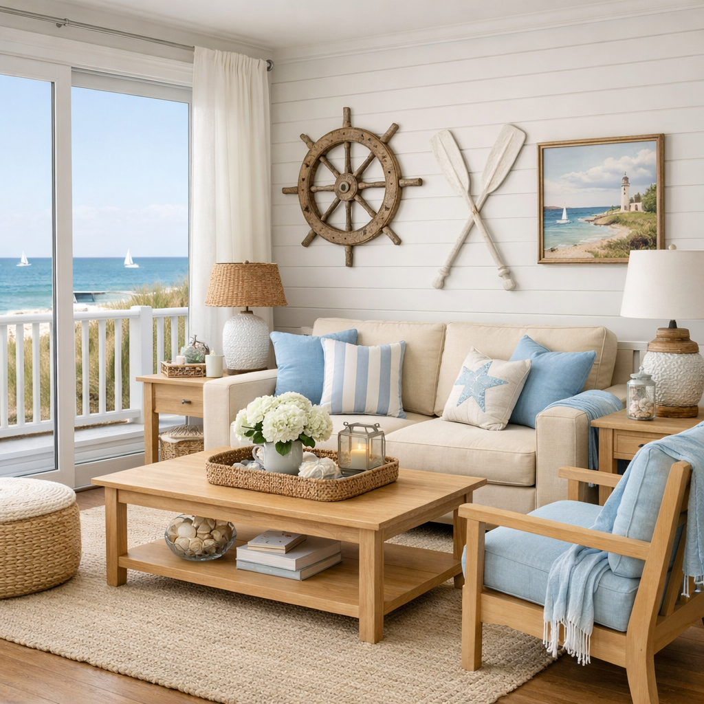 A cozy living room featuring a beige sofa with baby blue pillows and nautical decor, overlooking the ocean.