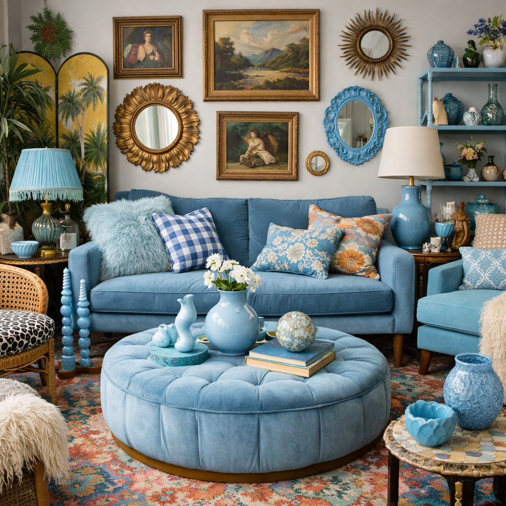 An eclectic living room featuring a blue couch, patterned pillows, a round ottoman, and a mix of decorative items.
